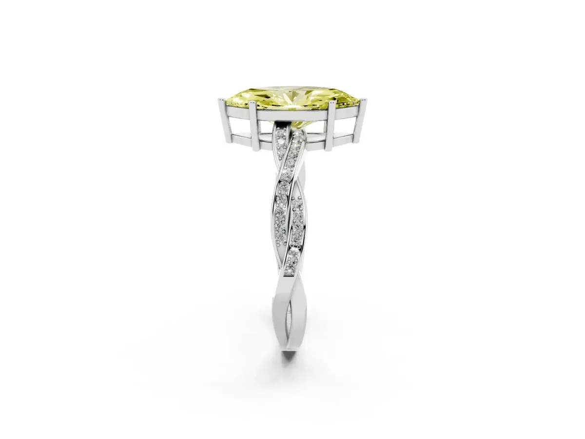 Fancy Yellow Marquise Cut Solitaire Twisted Pave Diamond Ring with Four-Prong Setting White gold