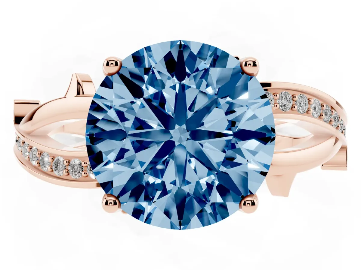 Fancy Blue Round Cut Solitaire Twist Band with Pavé Accents and Four-Prong Setting Rose gold