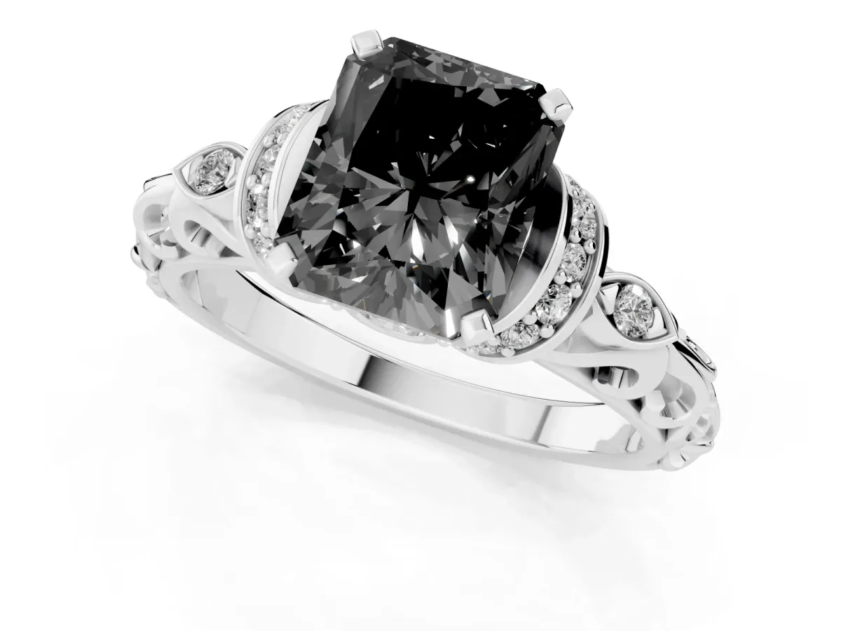 Fancy Black Radiant Cut Diamond Solitaire Ring with Filigree Band and Four-Prong Setting Silver