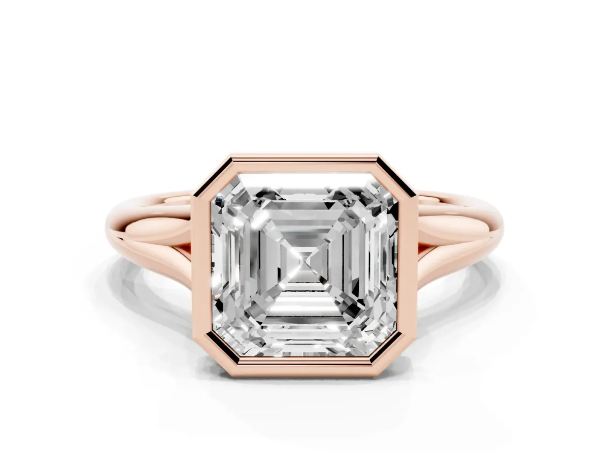 Bezel Set Asscher Cut Solitaire Diamond Ring with Smooth Band Rose gold
