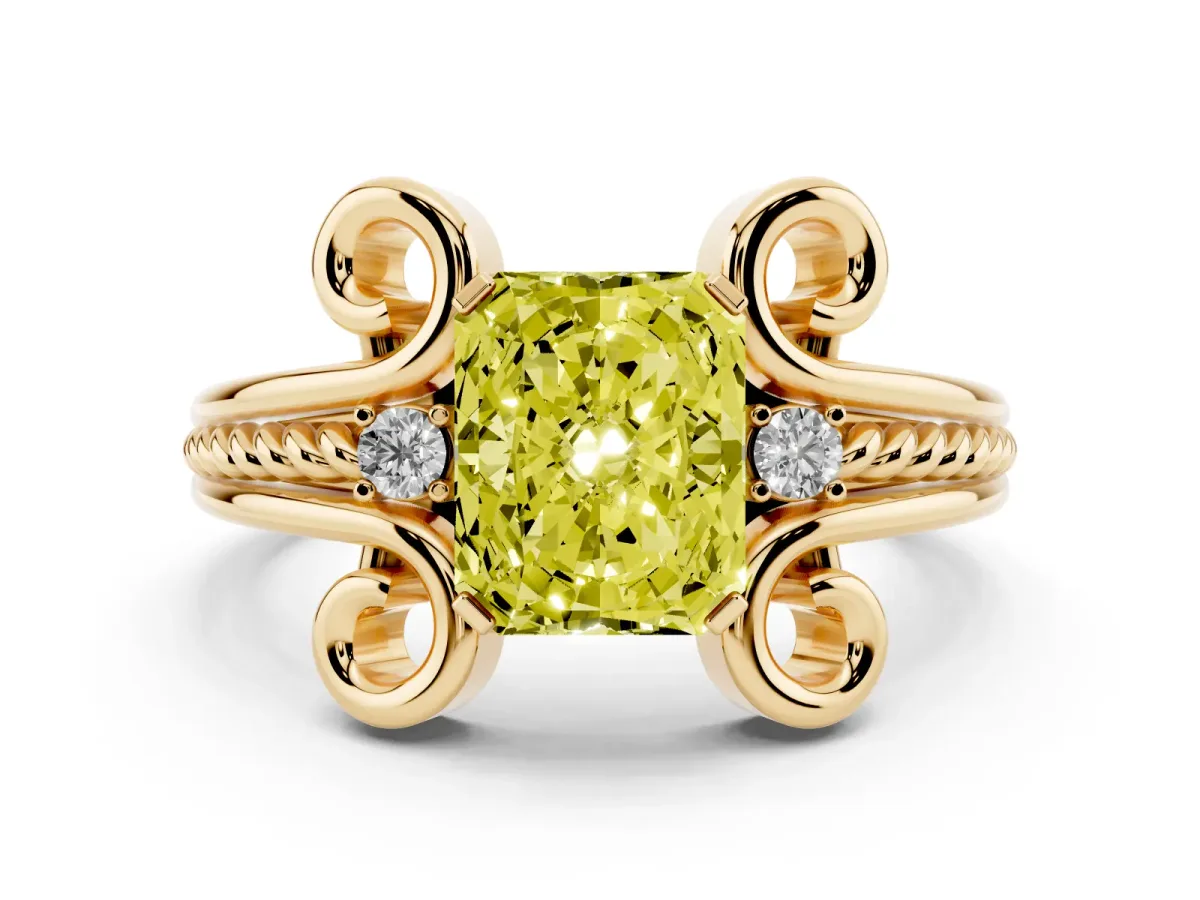 Fancy Yellow Radiant Cut Solitaire Twisted Band Scroll Prong Ring Yellow gold