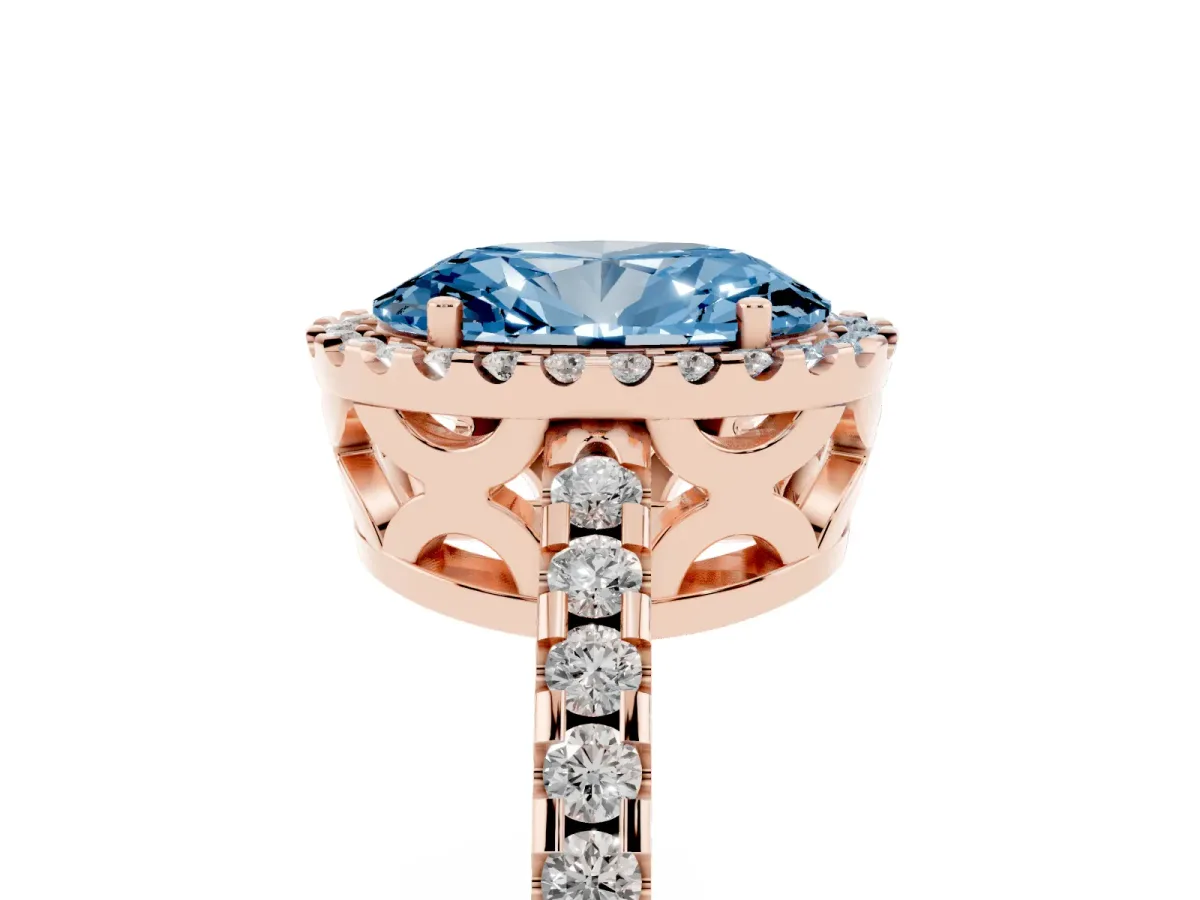 Fancy Blue Oval Cut Diamond Halo Engagement Ring with Pavé Band and Prong Setting Rose gold