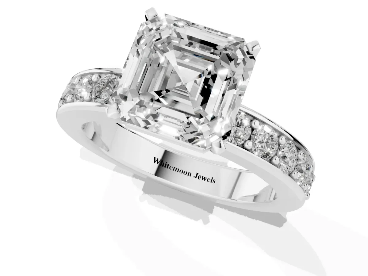 Asscher Cut Diamond Engagement Ring with Channel Set Round Band and Prong Setting White gold