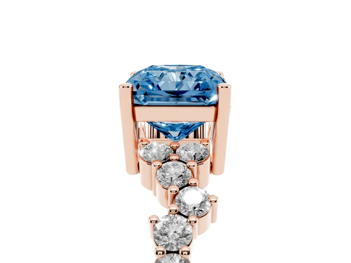Fancy Blue Radiant Cut Diamond Scattered Round Accent Ring with Prong Setting Rose gold