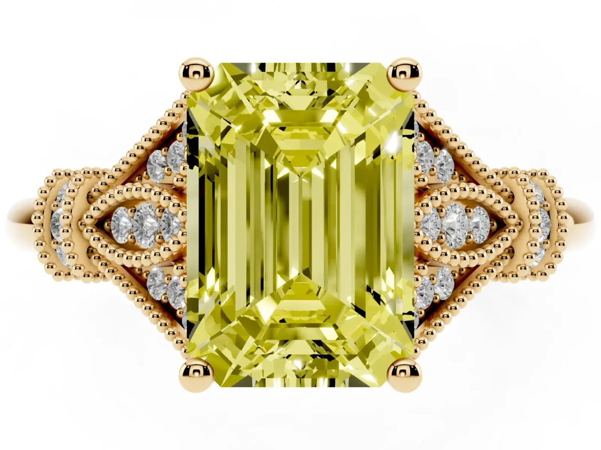 Fancy Yellow Emerald Cut Diamond Solitaire Ring with Floral Filigree and Pave Accents Yellow gold