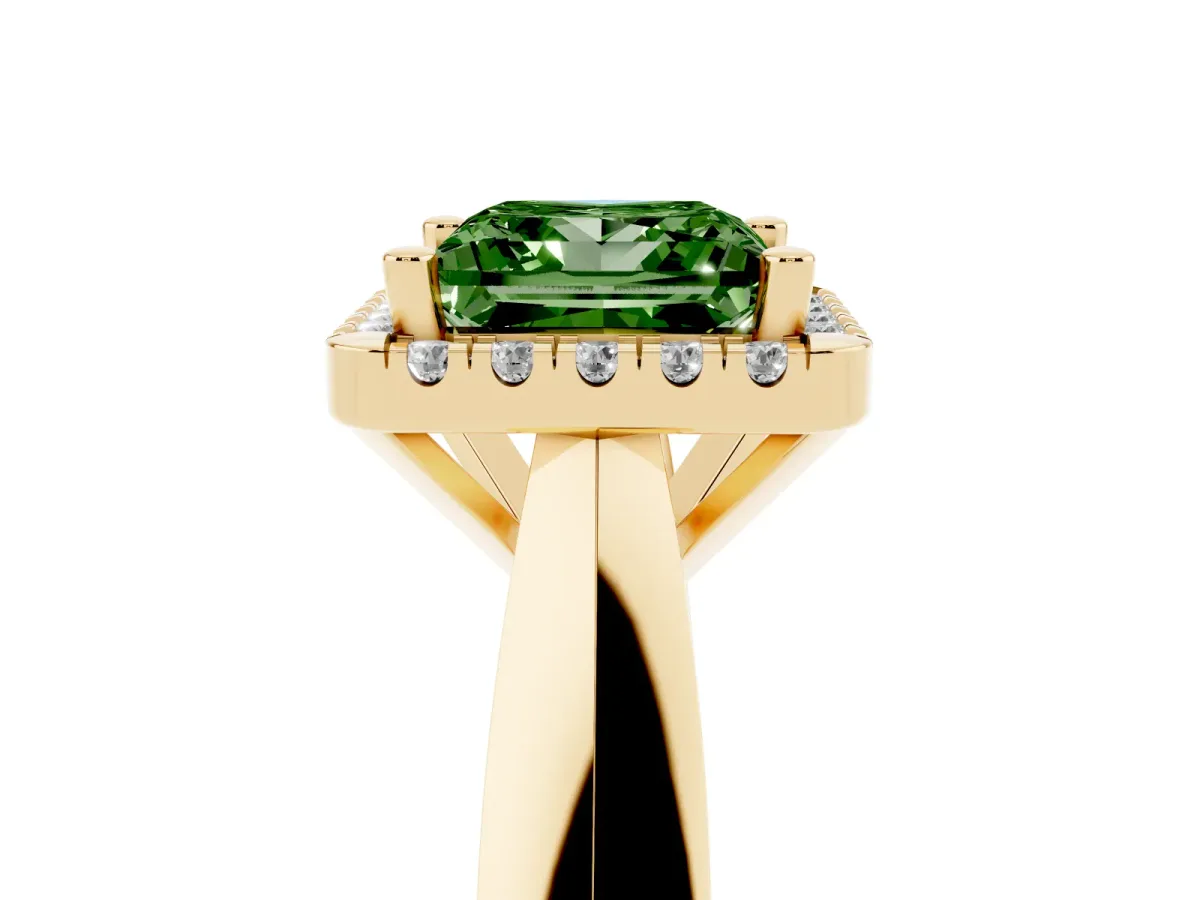 Fancy Green Princess Cut Cut Halo Solitaire Engagement Ring with Square Band and Four-Prong Setting Yellow gold