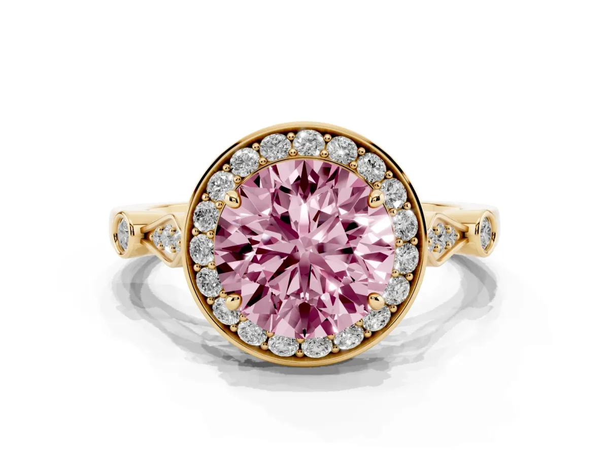 Fancy Pink Round Cut Halo Diamond Engagement Ring with Twisted Band and Four-Prong Setting Yellow gold