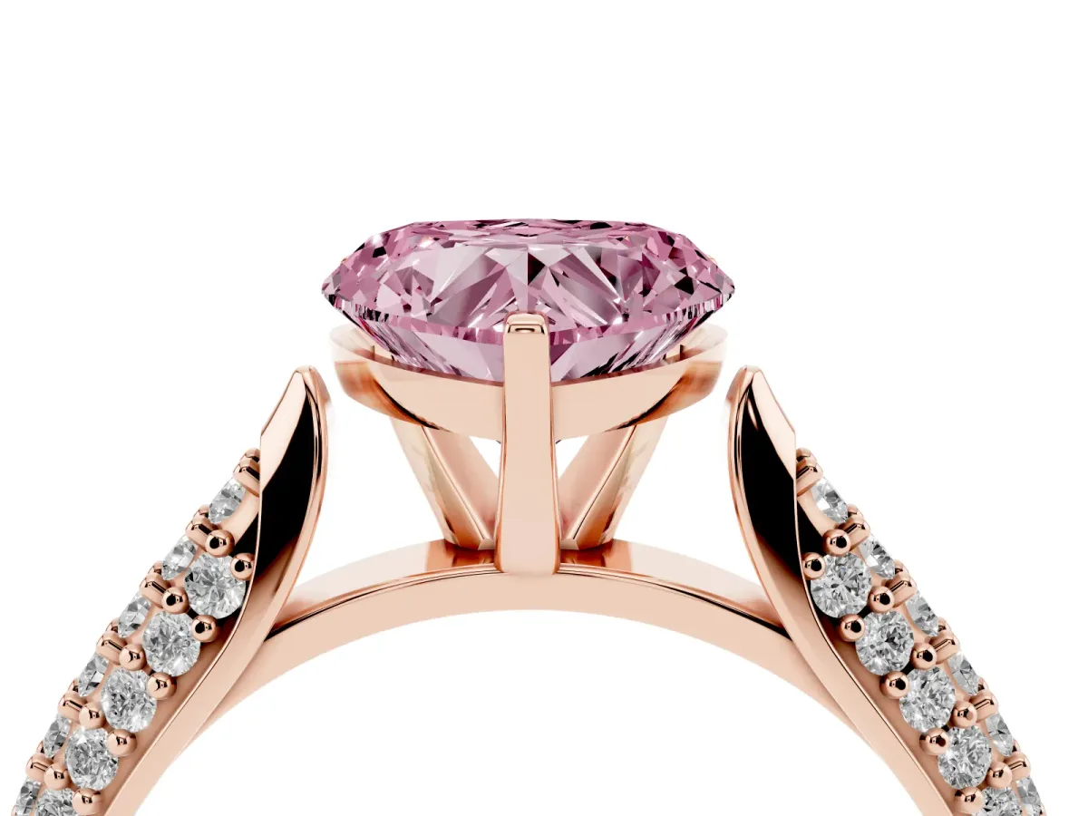 Fancy Pink Heart Cut Diamond Solitaire Engagement Ring with Multi-Row Round Pavé Band and Prong Setting Rose gold