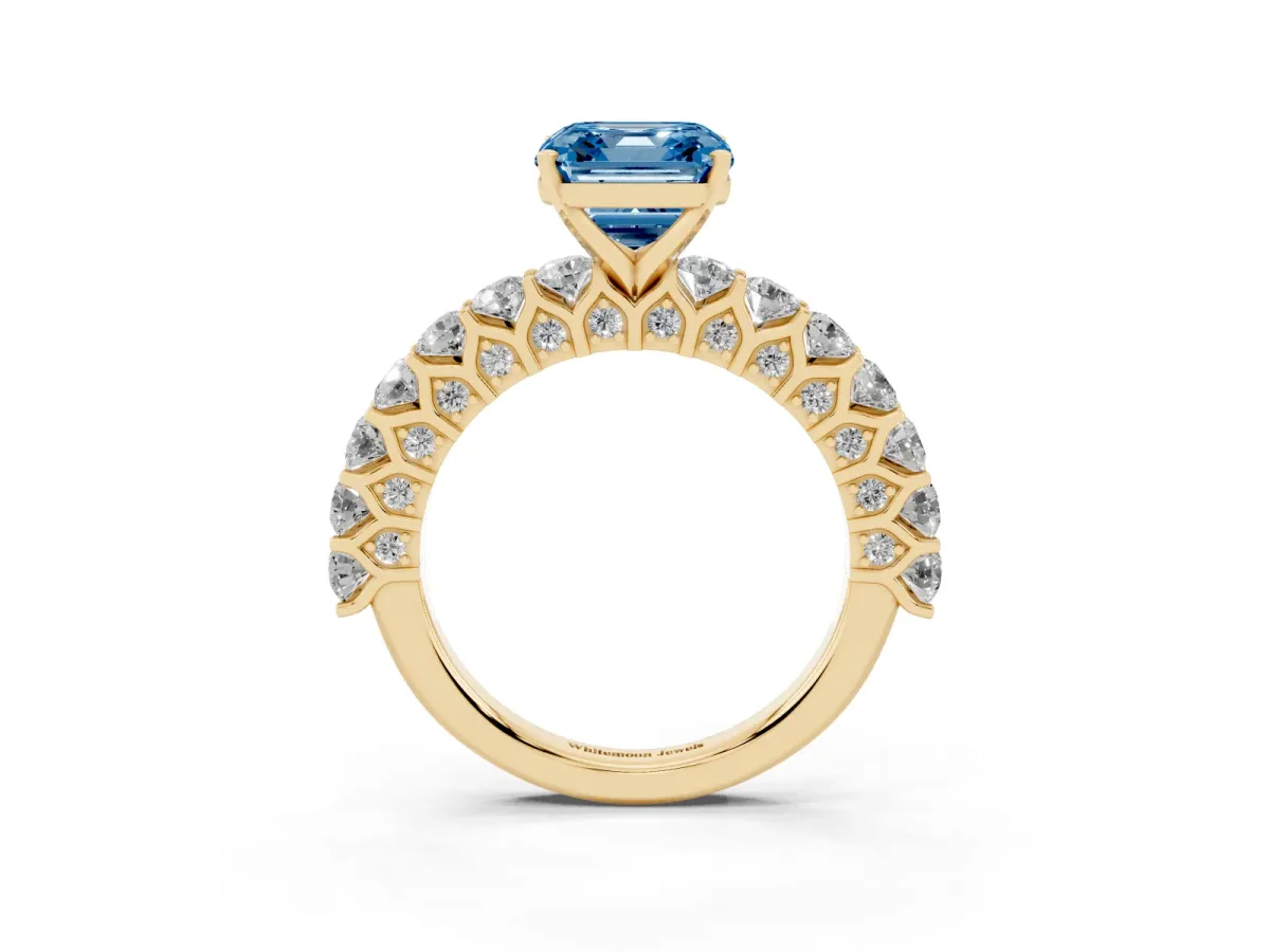 Fancy Blue Asscher Cut Diamond Solitaire Ring with Shared Prong Pavé Band and Four-Prong Setting Yellow gold