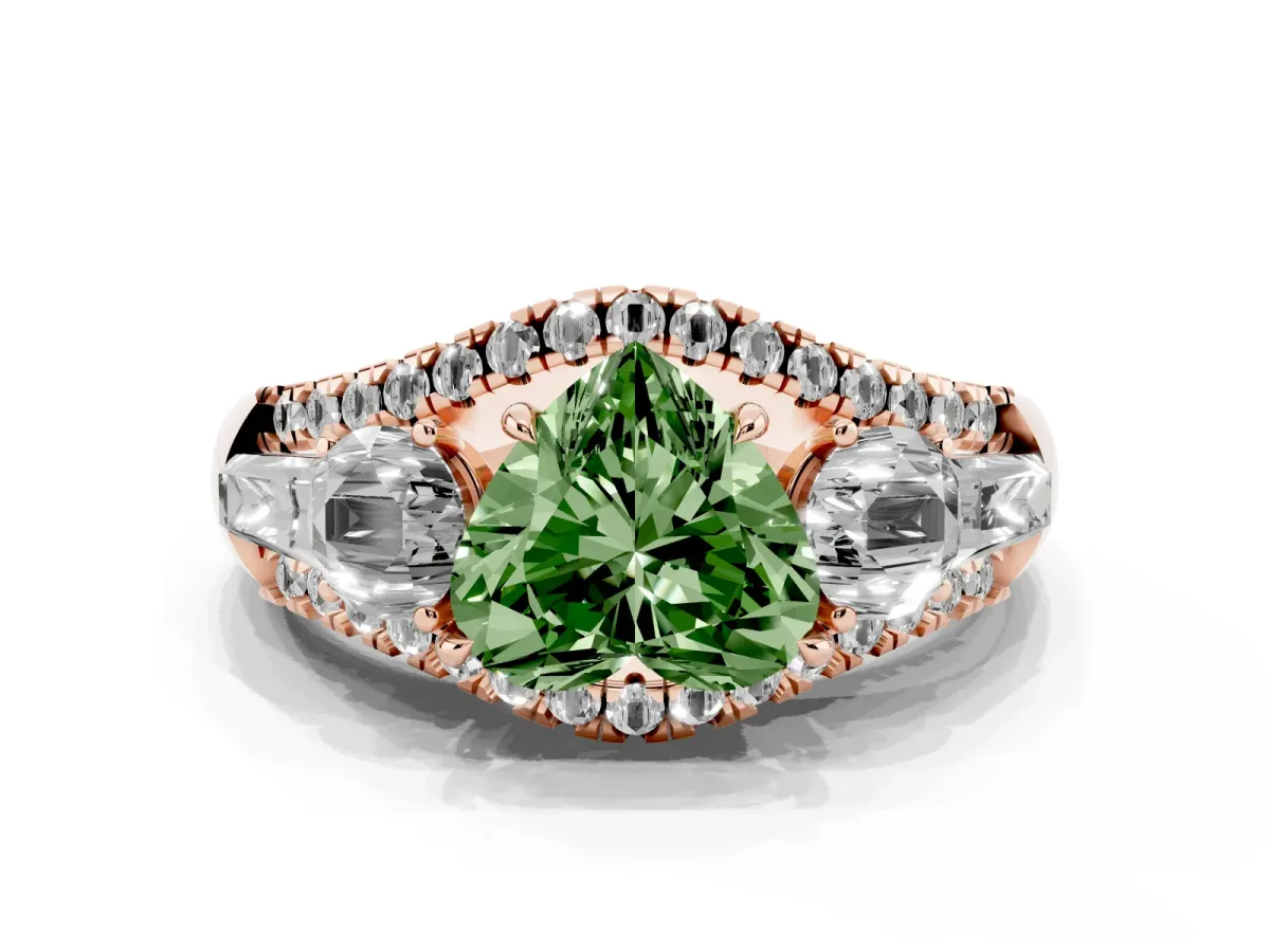 Fancy Green Three-Stone Heart Cut Diamond Engagement Ring with Pave Band and Prong Setting Rose gold