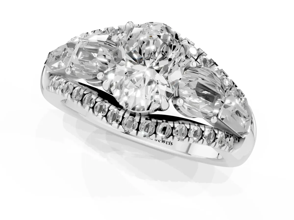 Three-Stone Oval Cut Diamond Engagement Ring with Pave Band and Prong Setting Silver