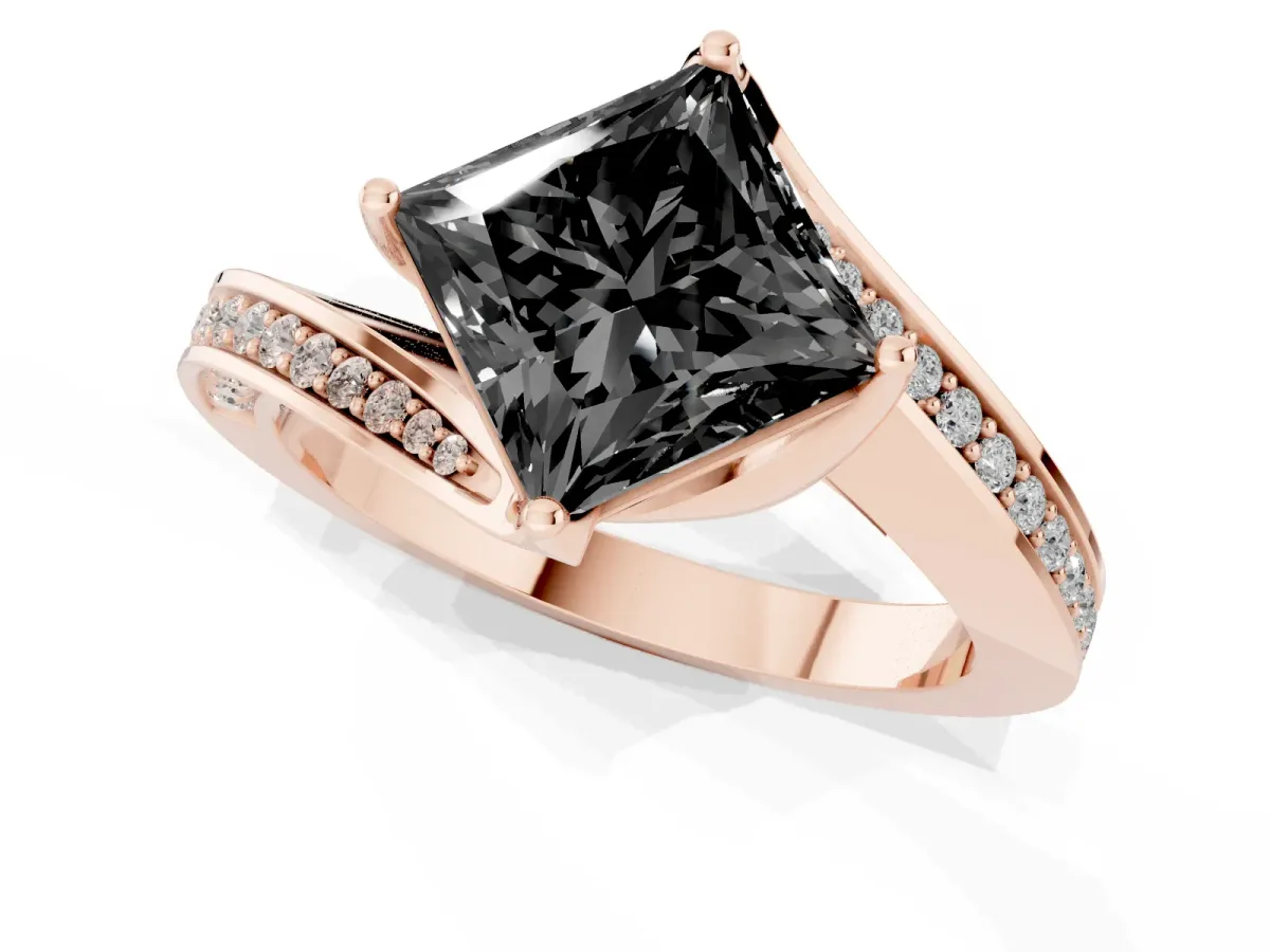 Fancy Black Princess Cut Solitaire Diamond Twist Band with Pavé Setting and Four-Prong Setting Rose gold