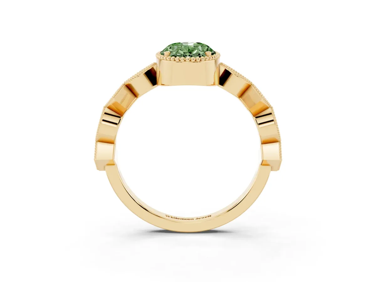 Fancy Green Oval Cut Milgrain Marquise Diamond Twist Band Ring Yellow gold