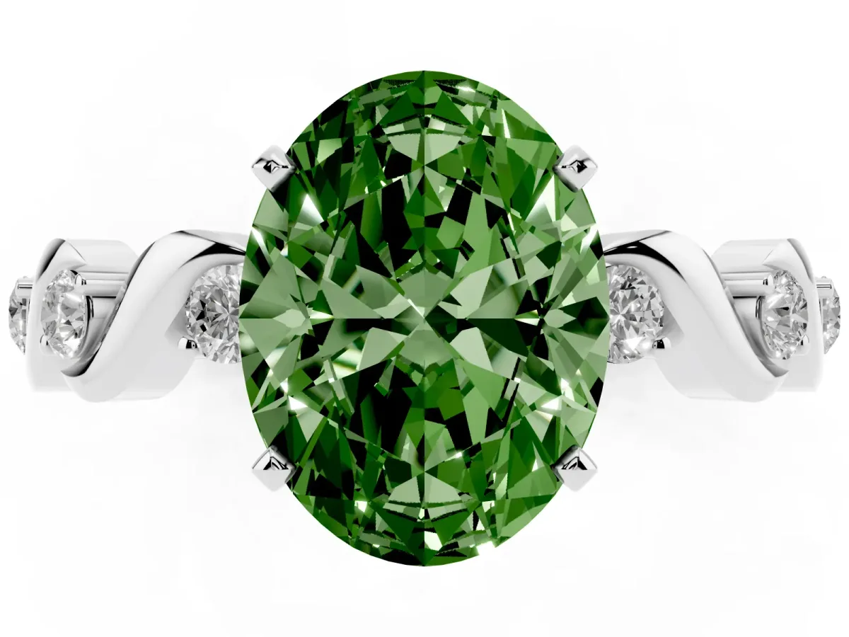 Fancy Green Oval Cut Diamond Solitaire Twisted Band with Round Accents and Prong Setting Silver