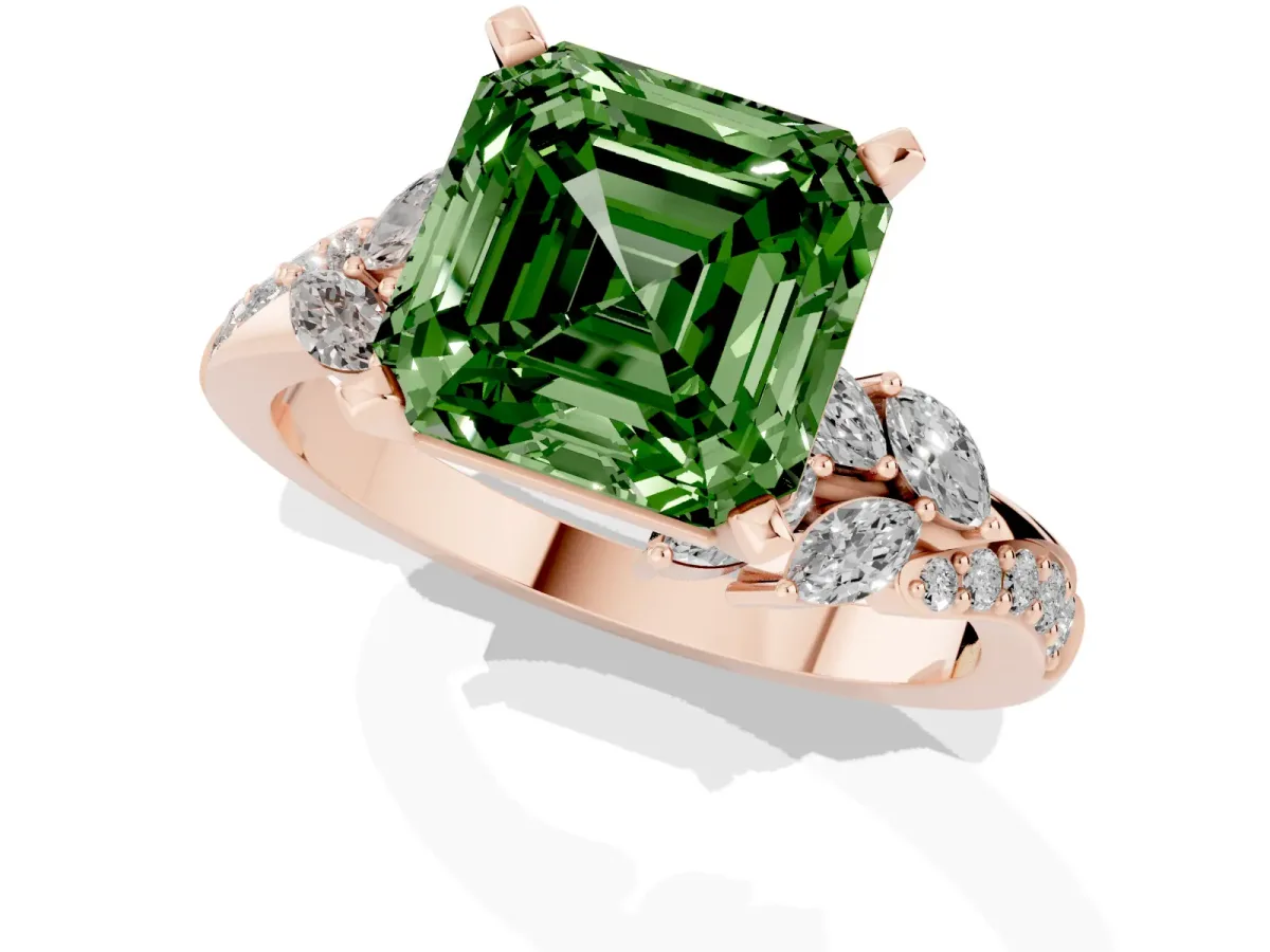 Fancy Green Asscher Cut Solitaire Marquise Twist Band with Six-Prong Setting Rose gold