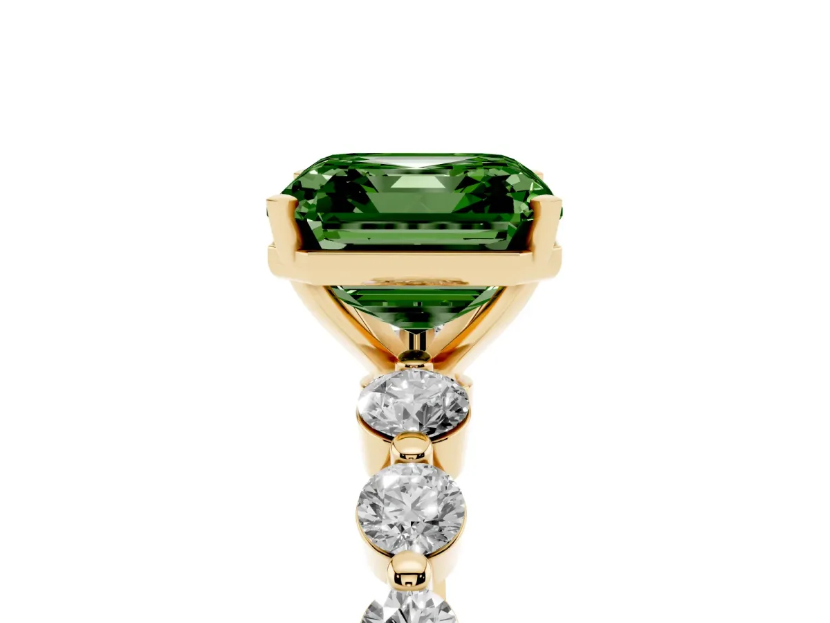 Fancy Green Asscher Cut Solitaire Diamond Ring with Pave Band and Four-Prong Setting Yellow gold
