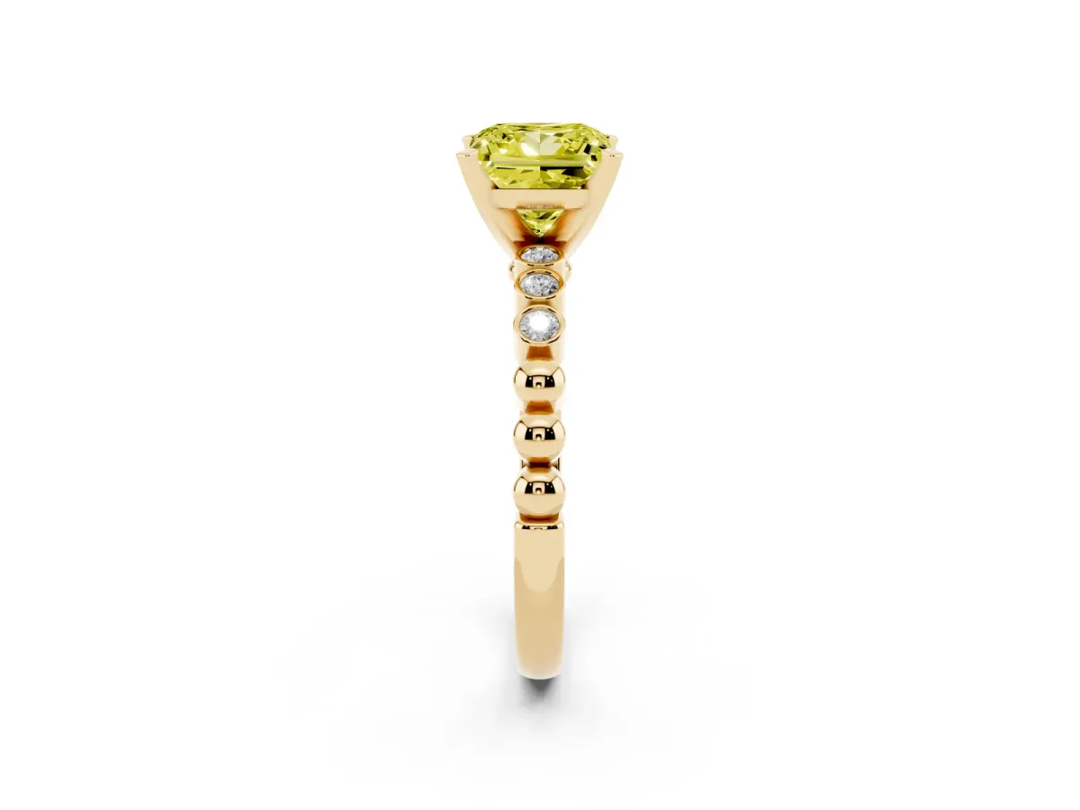 Fancy Yellow Princess Cut Solitaire Bezel Accent Diamond Engagement Ring with Beaded Band and Four-Prong Setting Yellow gold