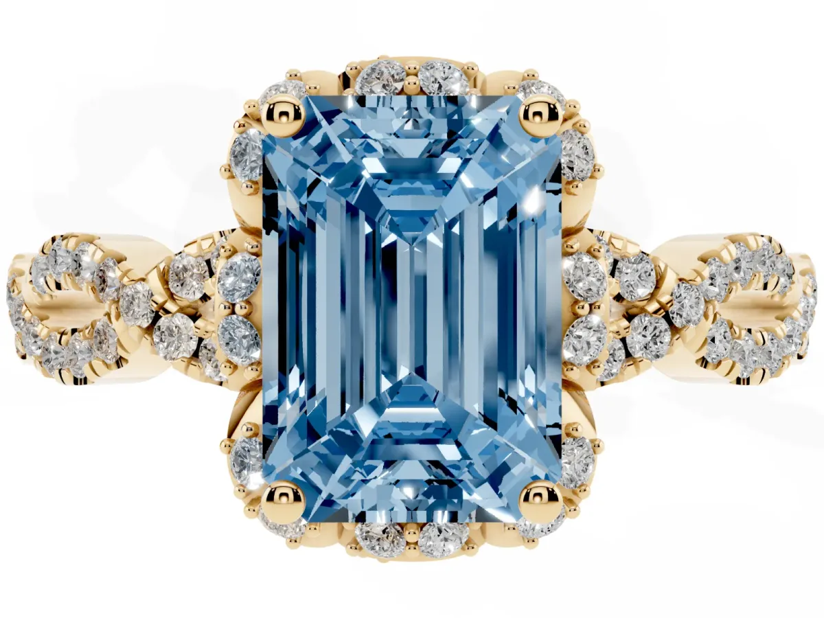 Fancy Blue Emerald Cut Halo Twist Band Solitaire Ring with Six-Prong Setting Yellow gold