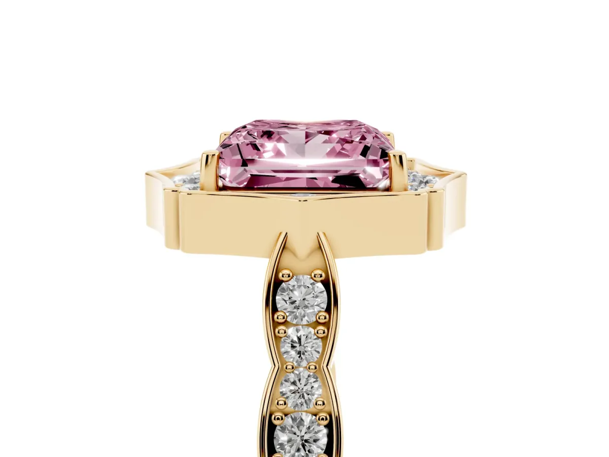Fancy Pink Princess Cut Halo Diamond Engagement Ring with Milgrain Band and Four-Prong Setting Yellow gold