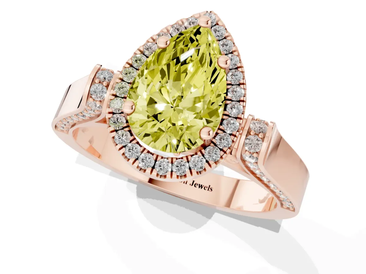 Fancy Yellow Pear Cut Halo Pave Split Shank Prong Setting Ring Rose gold
