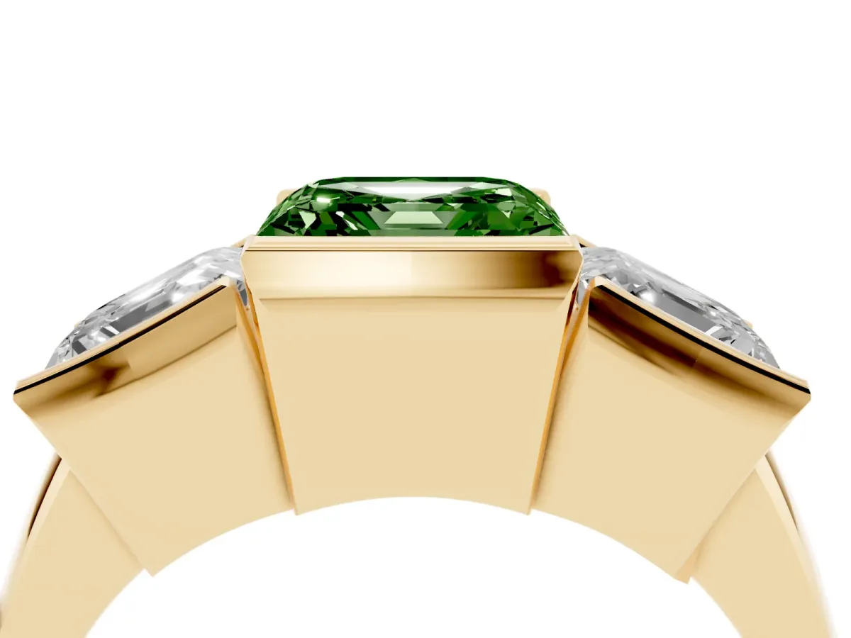 Fancy Green Three Stone Asscher Cut Cut Channel Set Diamond Ring Yellow gold