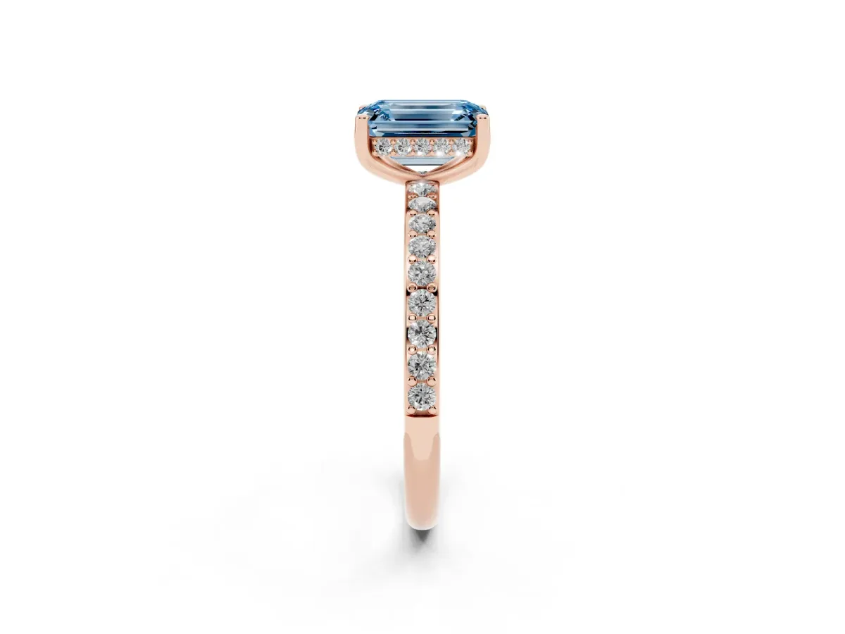 Fancy Blue Emerald Cut Cut Diamond Pavé Band Ring with Four-Prong Setting Rose gold