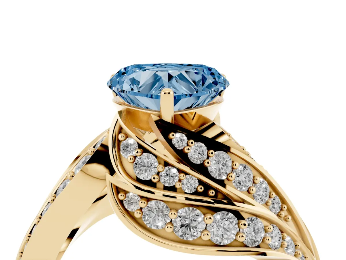 Fancy Blue Heart Cut Diamond Solitaire Ring with Prong Setting and Twisted Pavé Band Yellow gold