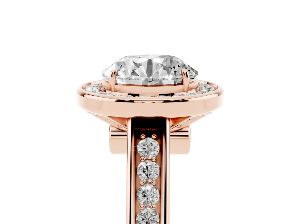 Round Cut Halo Solitaire Diamond Ring with Pave Band and Bezel Setting Rose gold