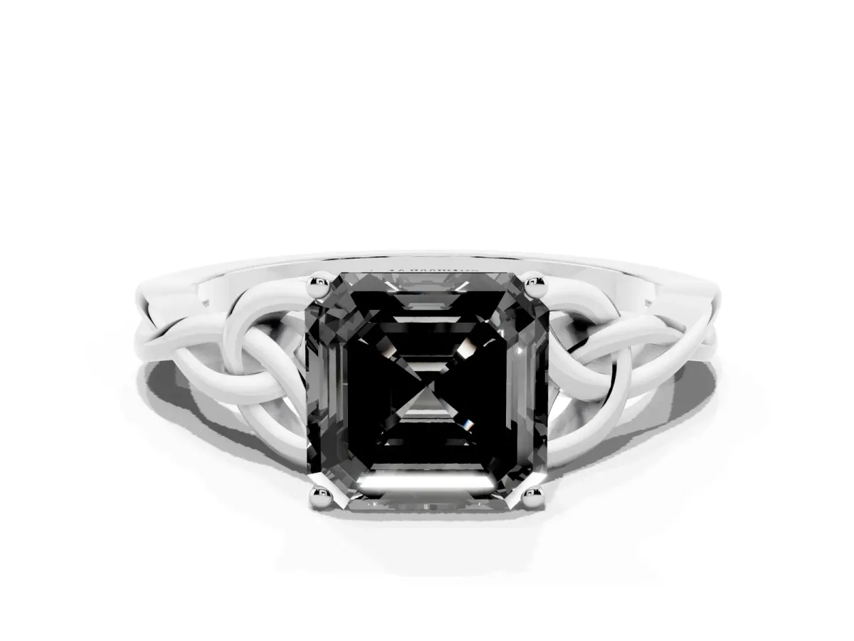 Fancy Black Asscher Cut Diamond Solitaire Engagement Ring with Celtic Knot Band and Four-Prong Setting Silver