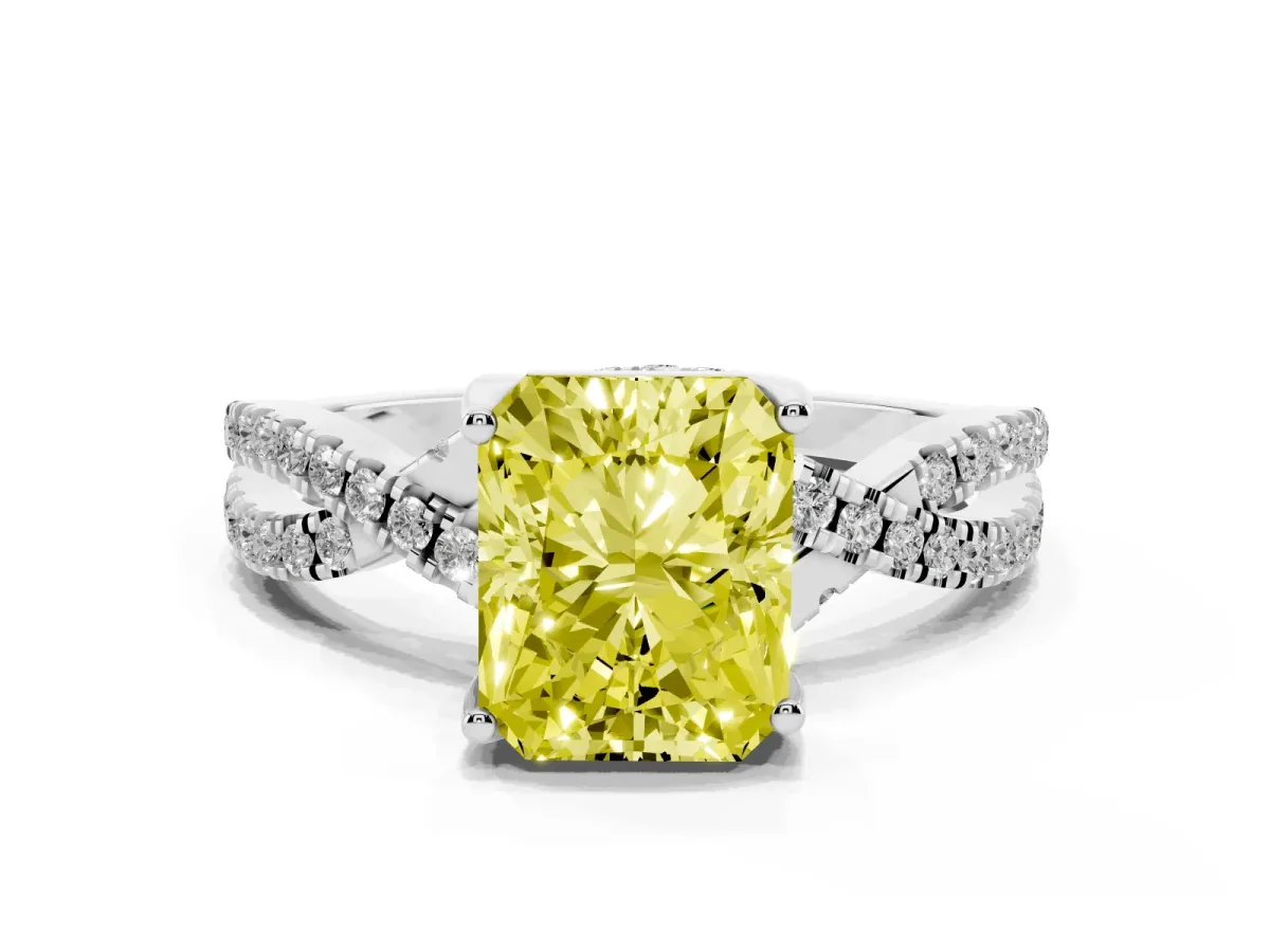 Fancy Yellow Radiant Cut Solitaire Twist Pave Diamond Engagement Ring with Prong Setting Silver