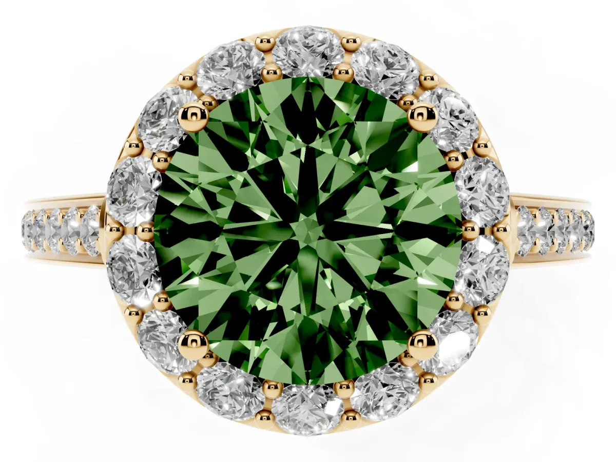 Fancy Green Round Cut Diamond Floral Halo Ring with Pavé Band and Prong Setting Yellow gold