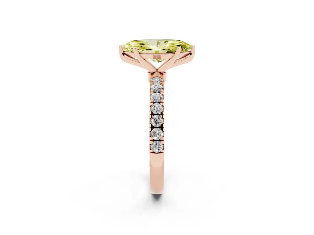Fancy Yellow Marquise Cut Diamond Solitaire Ring with Pavé Accents and Four-Prong Setting Rose gold