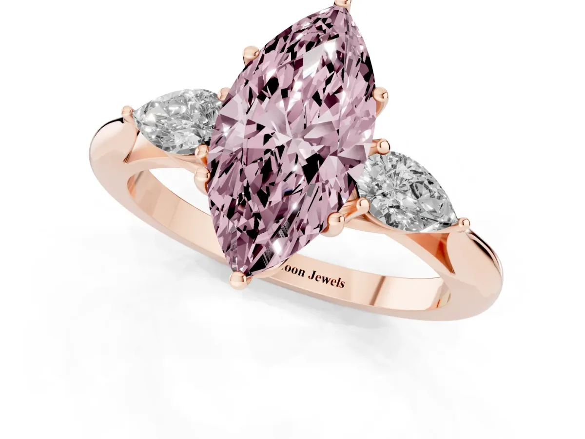 Fancy Pink Marquise Cut Diamond Three-Stone Ring with Pear Side Stones and Prong Setting Rose gold
