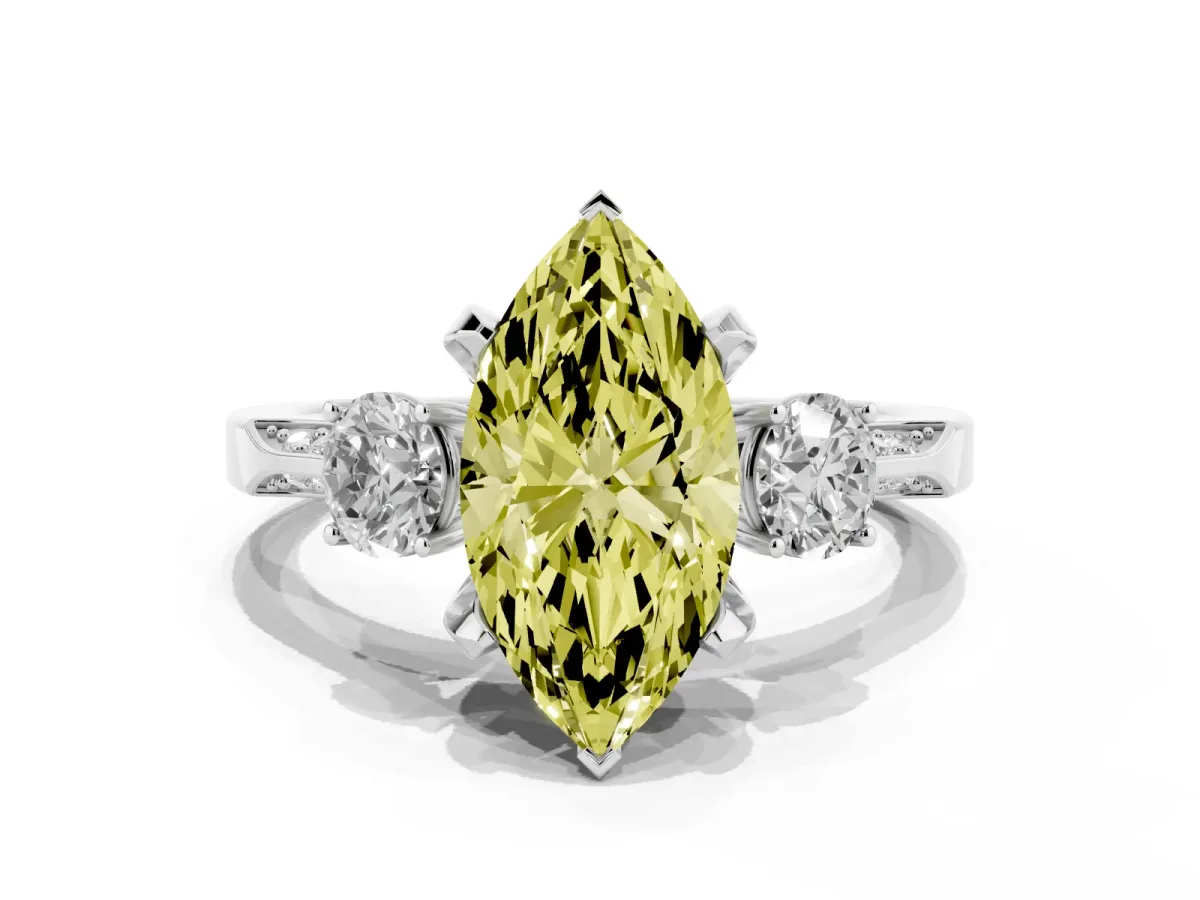 Fancy Yellow Marquise Cut Brilliant Three-Stone Diamond Ring with Pavé Band and Four-Prong Setting Platinum