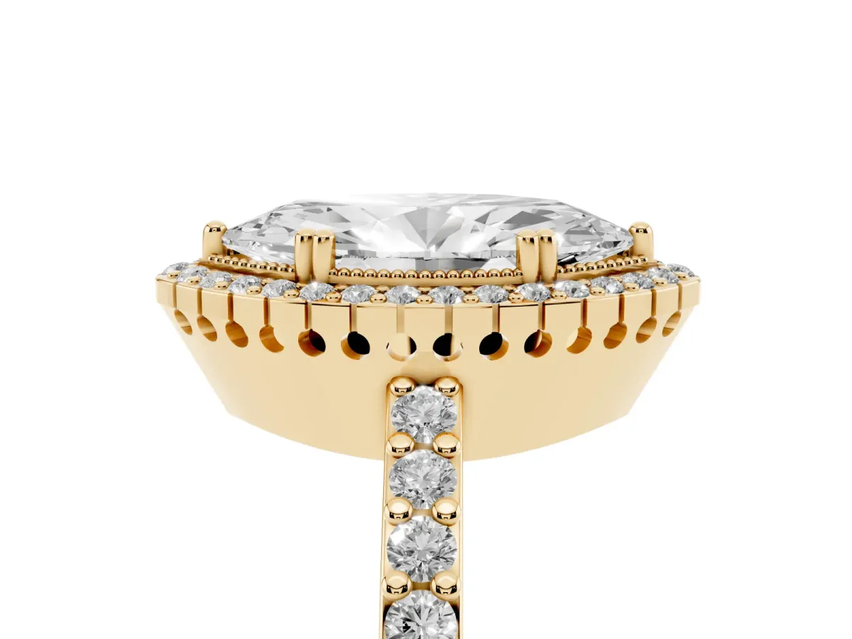 Marquise Cut Cut Diamond Halo Engagement Ring with Milgrain Detail and Pavé Band Yellow gold