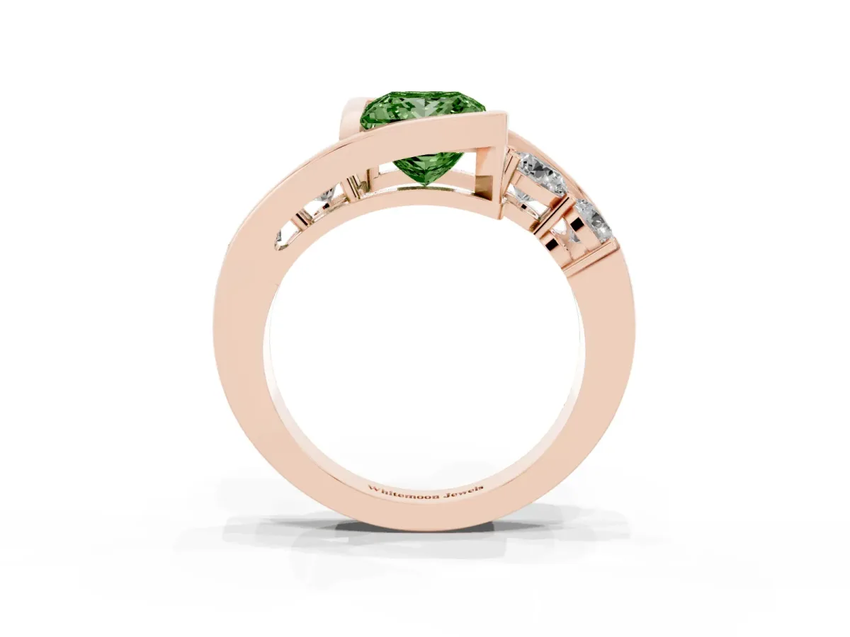 Fancy Green Bezel Set Princess Cut Diamond Bypass Ring with Round Accents Rose gold