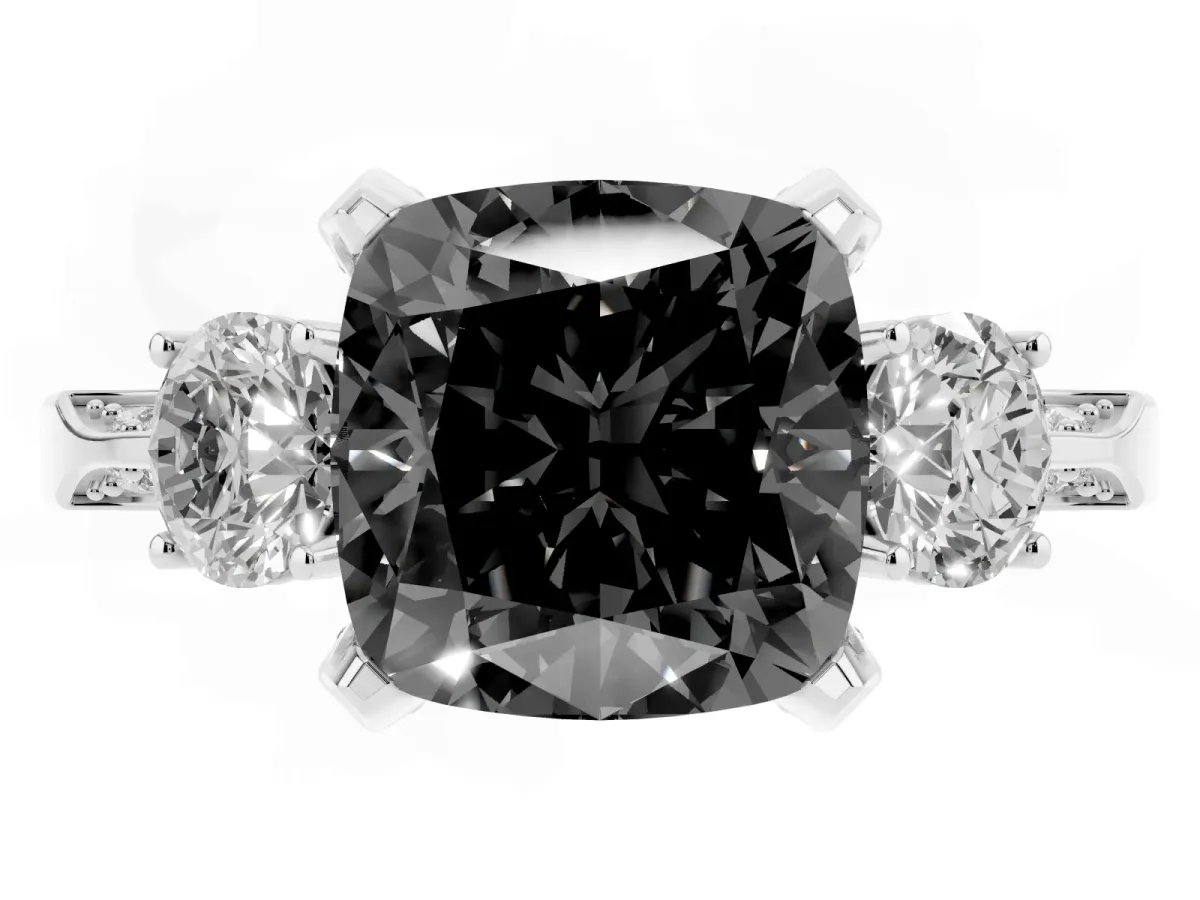 Fancy Black Cushion Cut Brilliant Three-Stone Diamond Ring with Pavé Band and Four-Prong Setting White gold