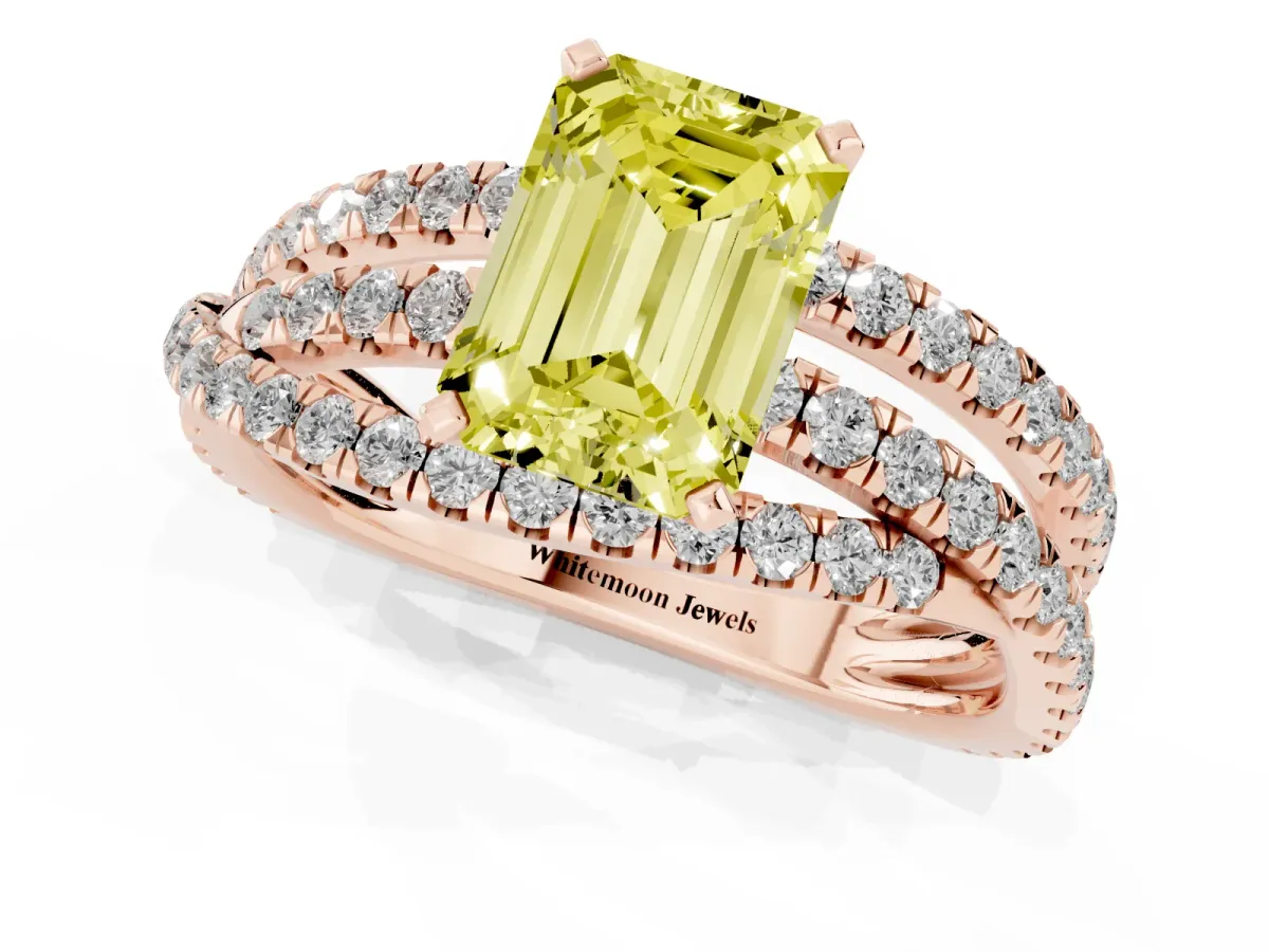 Fancy Yellow Emerald Cut Solitaire Twist Band with Pavé Setting and Four-Prong Setting Rose gold