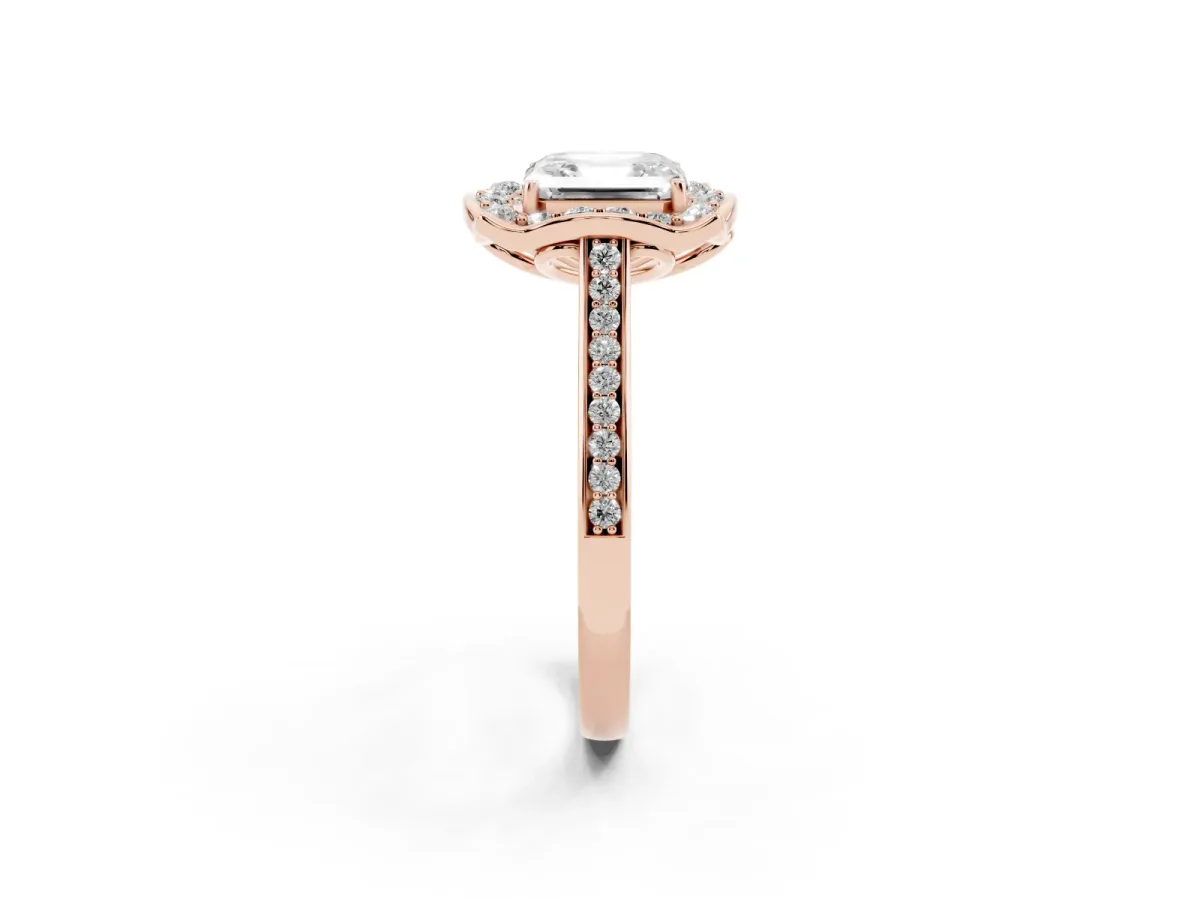 Asscher Cut Halo Round Diamond Pave Band with Four-Prong Setting Rose gold