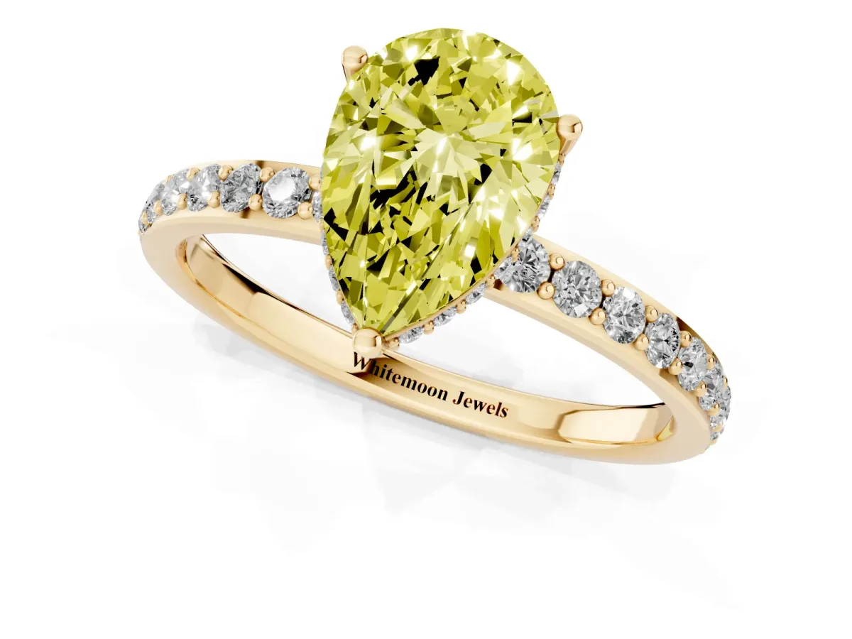 Fancy Yellow Pear Cut Diamond Solitaire Ring with Pavé Band and Hidden Halo Yellow gold