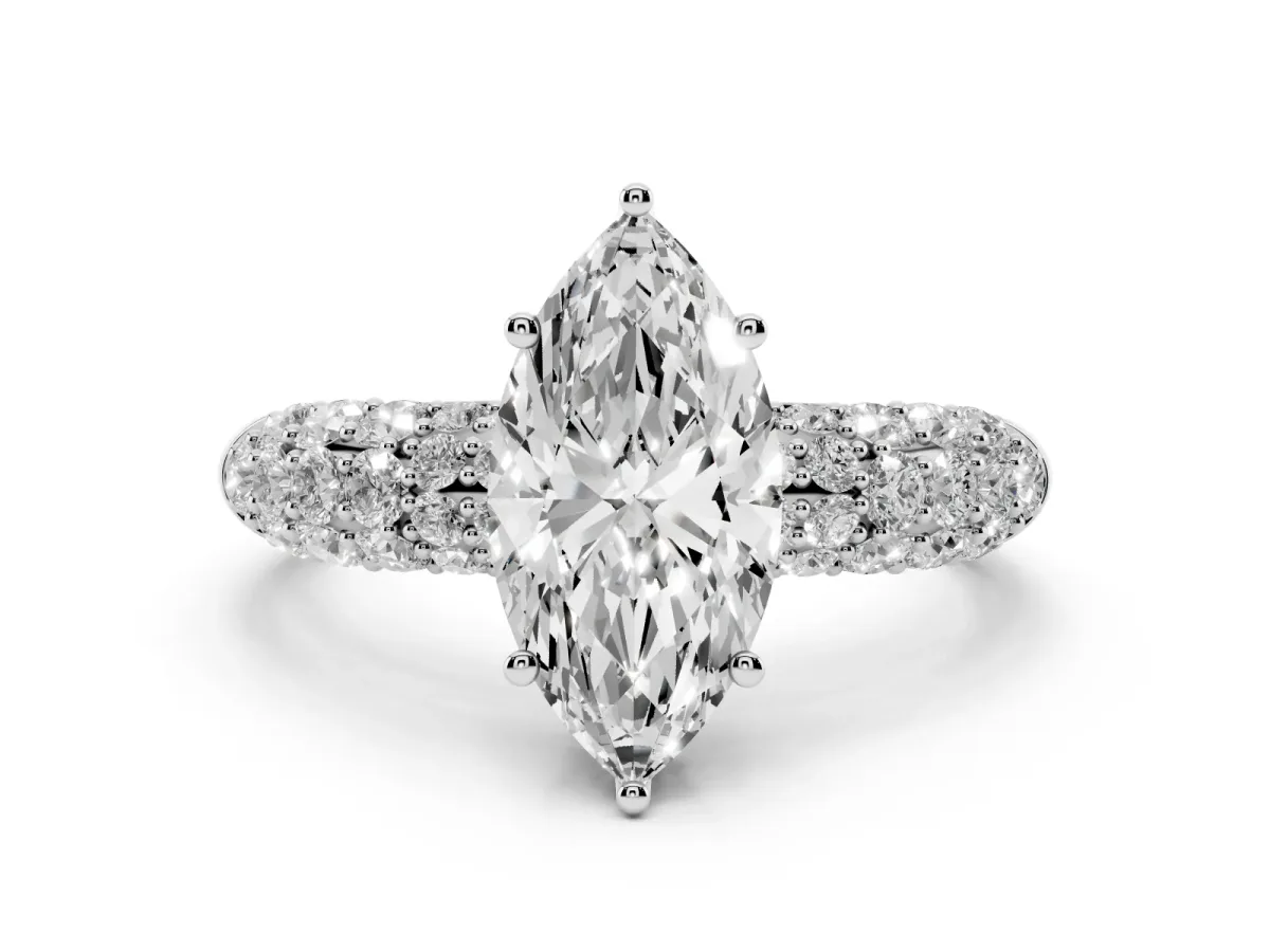 Marquise Cut Diamond Pavé Band Solitaire Ring with Four-Prong Setting Platinum
