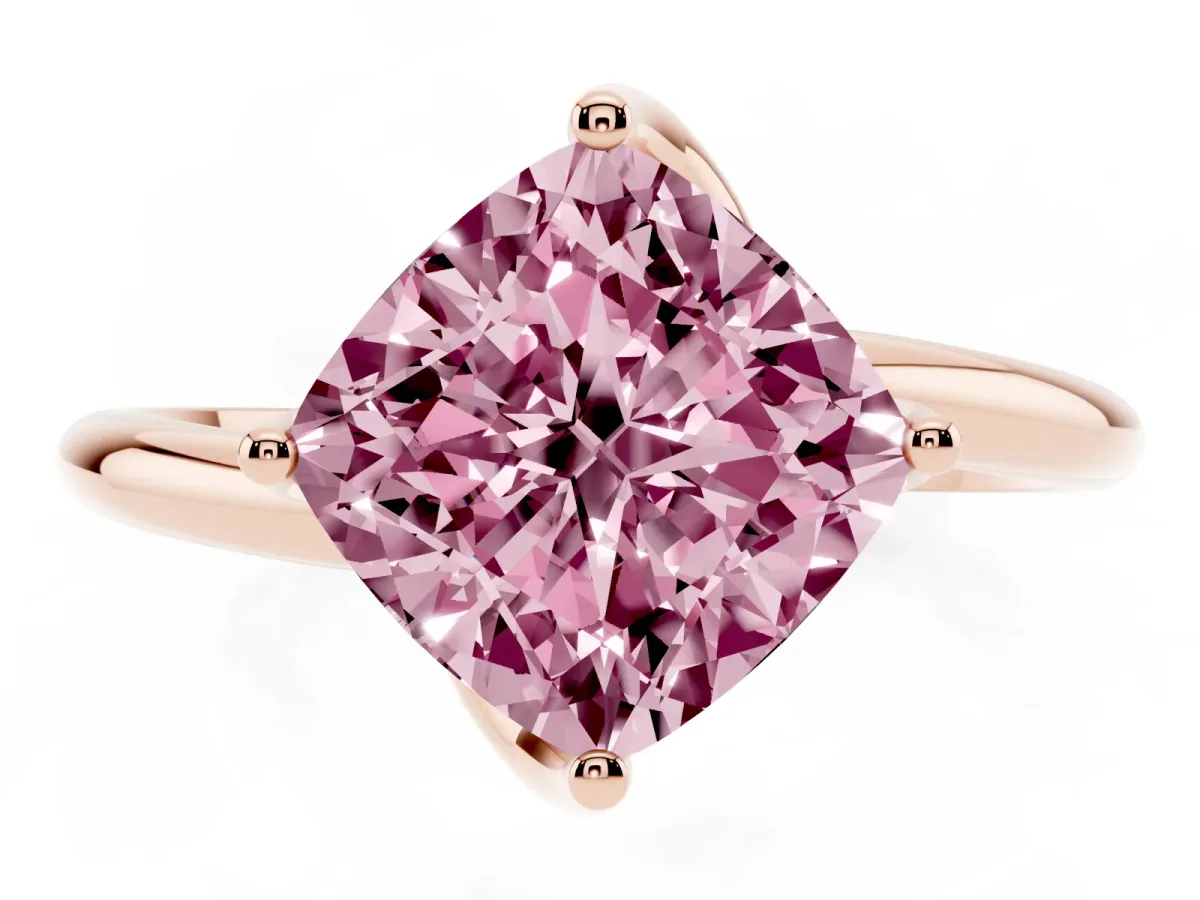Fancy Pink Cushion Cut Diamond Solitaire Engagement Ring with Four-Prong Setting and Classic Band Rose gold