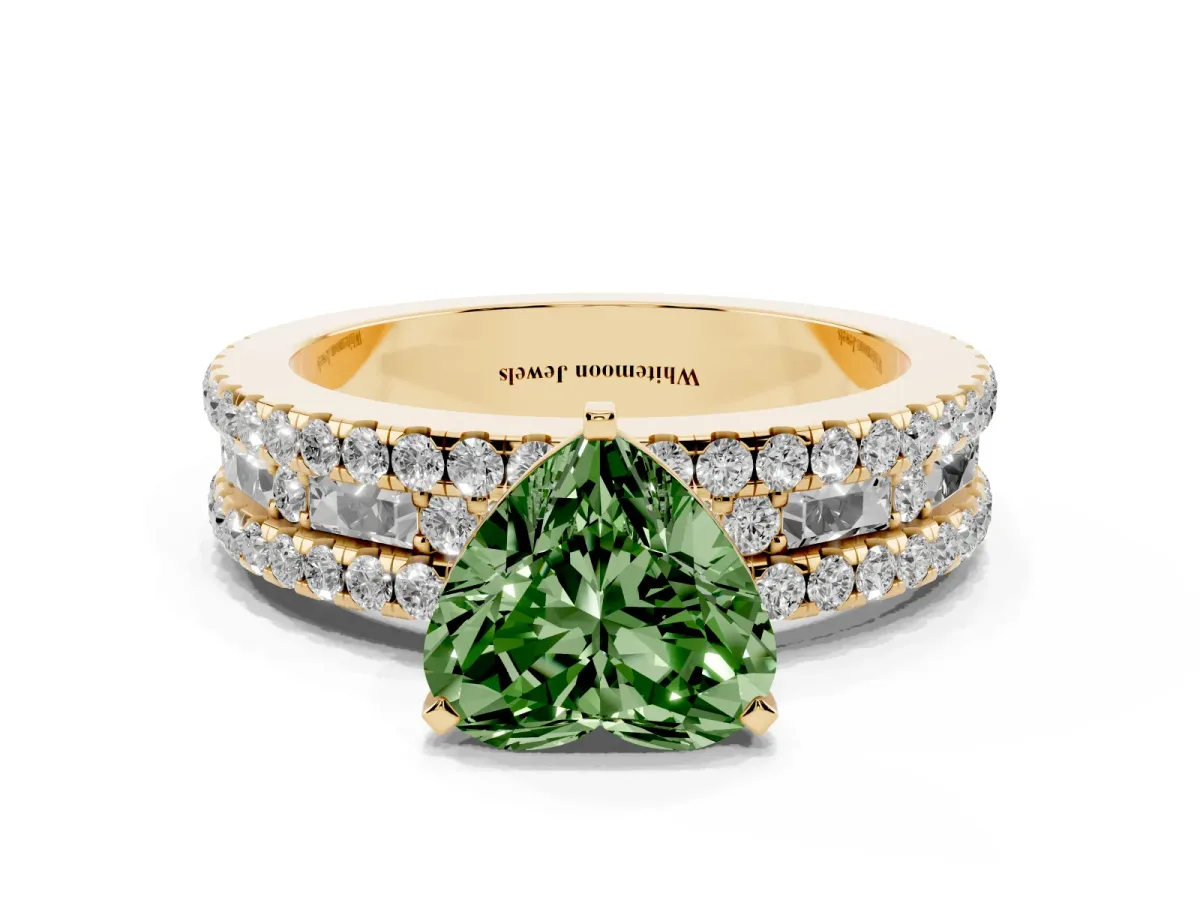 Fancy Green Heart Cut Diamond Solitaire Ring with Pavé and Channel Set Band Yellow gold