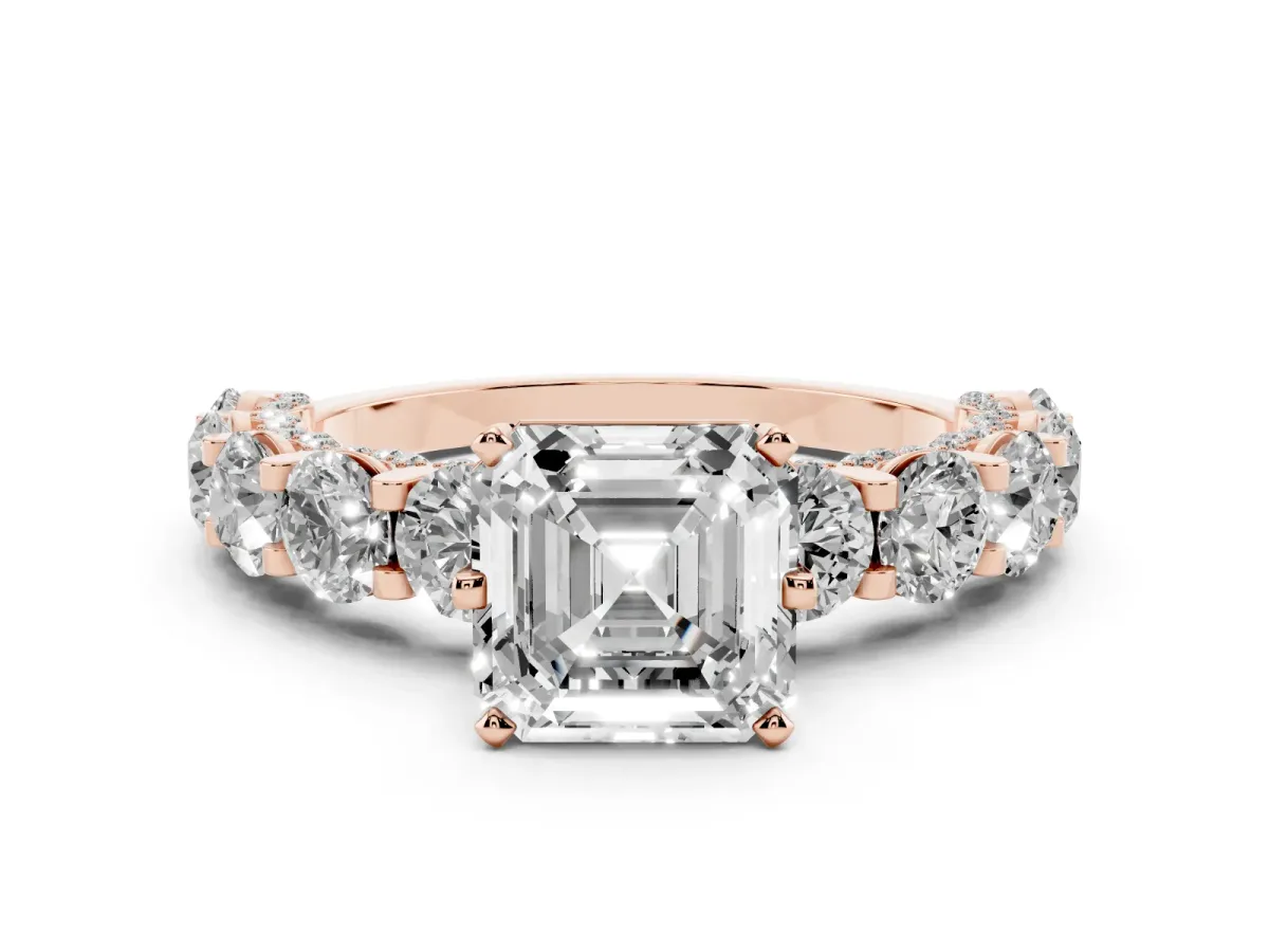 Asscher Cut Diamond Side Stone Engagement Ring with Four-Prong Setting Rose gold