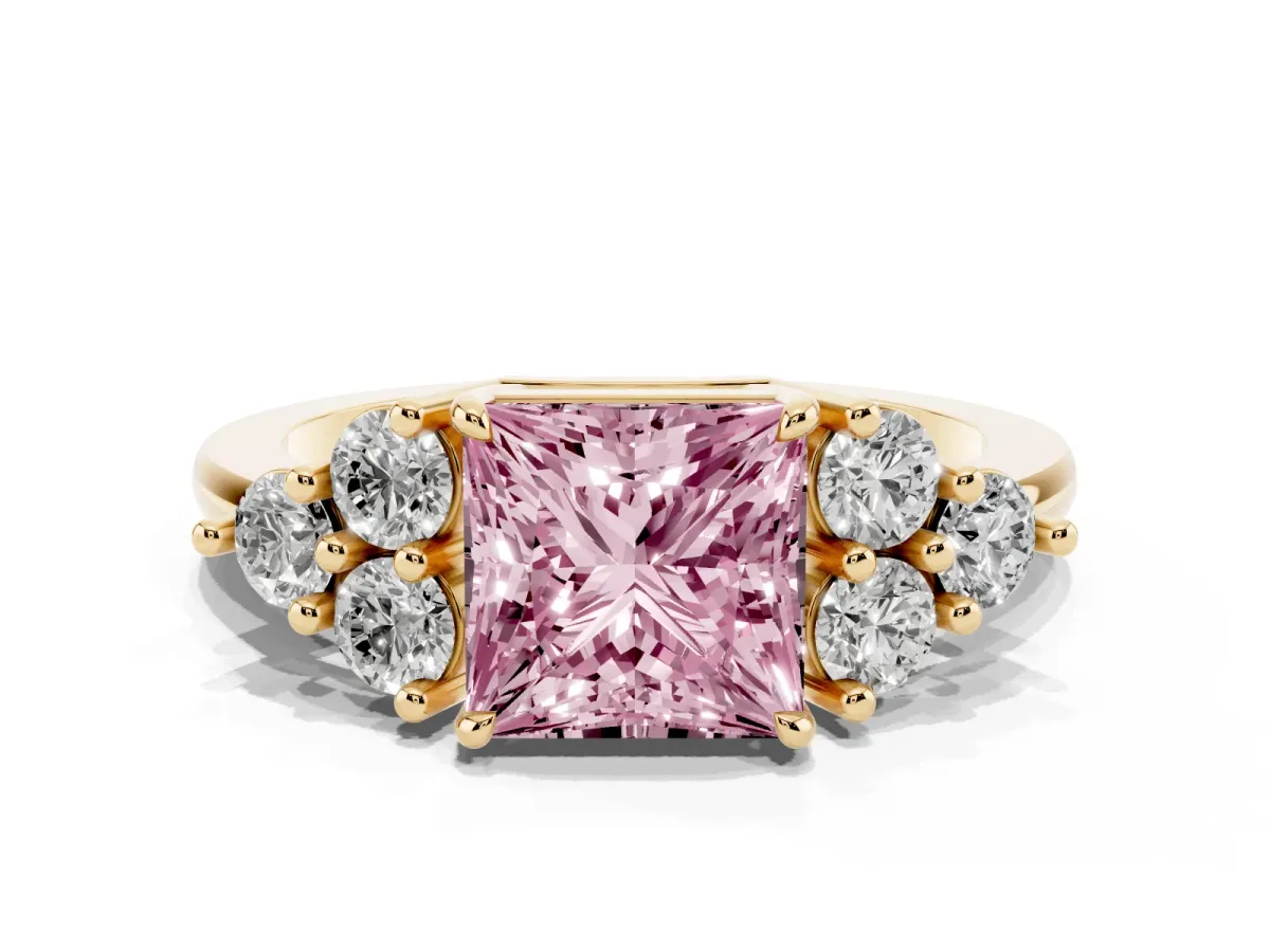 Fancy Pink Princess Cut Brilliant Diamond Cluster Accent Solitaire Ring with Prong Setting Yellow gold