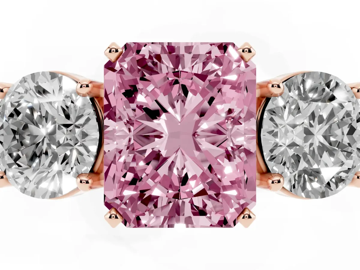 Fancy Pink Three-Stone Radiant Cut Diamond Ring with Round Side Stones, Classic Band, and Four-Prong Setting Rose gold