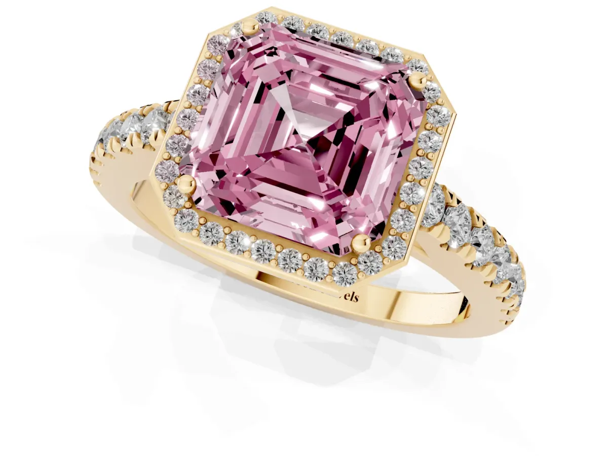 Fancy Pink Asscher Cut Cut Halo Diamond Engagement Ring with Pave Band and Four-Prong Setting Yellow gold