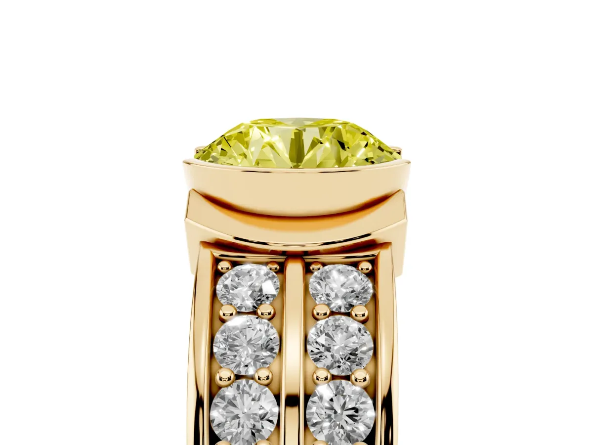 Fancy Yellow Round Cut Brilliant Diamond Channel Set Wide Band Ring with Bezel Setting Yellow gold