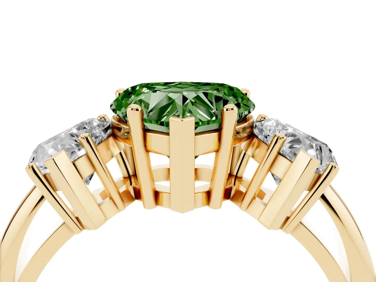 Fancy Green Three-Stone Heart Cut Cut Diamond Engagement Ring with Prong Setting on a White Gold Band Yellow gold