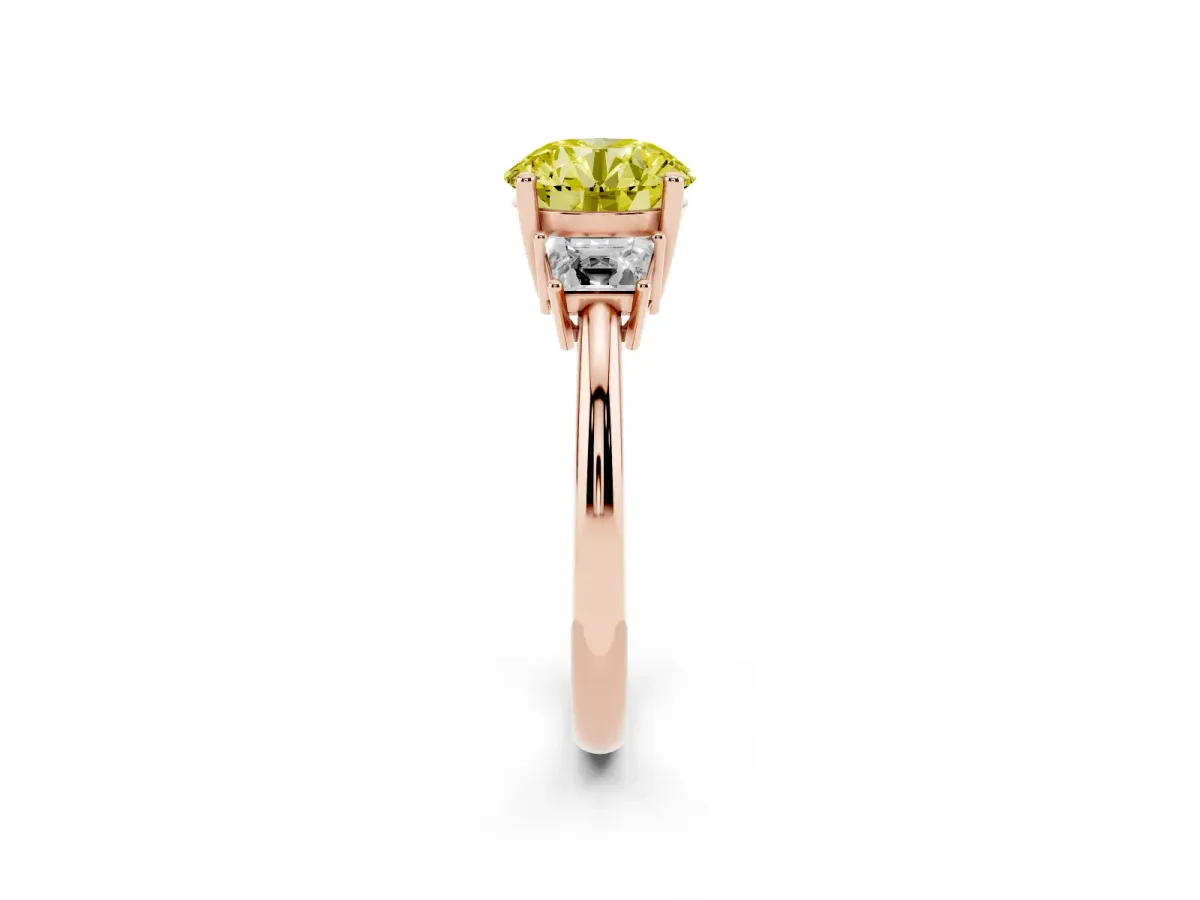 Fancy Yellow Round Cut Diamond Three-Stone Ring with Trapezoid Side Stones and Prong Setting Rose gold